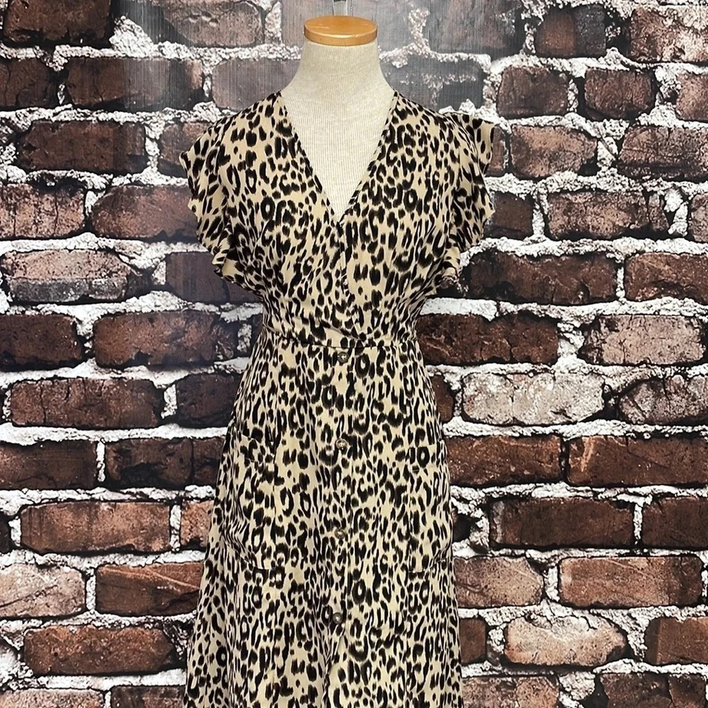 Sienna Sky Leopard Print Midi Dress Fit & Flare V-Neck Brown Size Small S - Picture 6 of 17